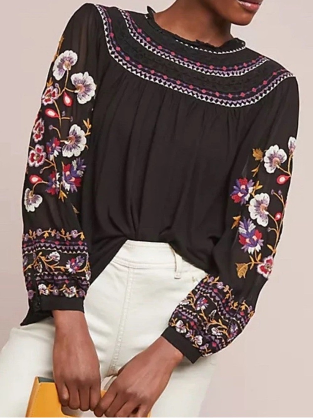 Akemi + Kin Anthropologie Louise‎ Black Floral Embroidered Boho Sheer Sleeve Top